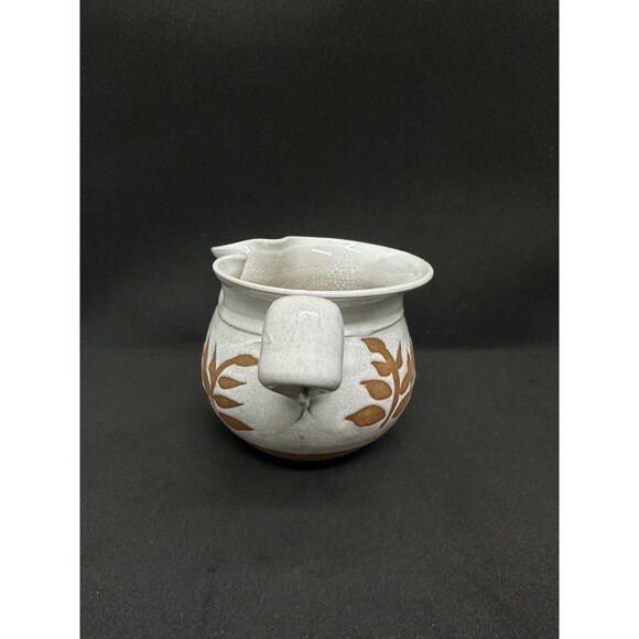 Handmade Studio Pottery Creamer Crackle Glaze Tan Leaves Cream Pinch Pot Pitcher - Picture 2 of 10